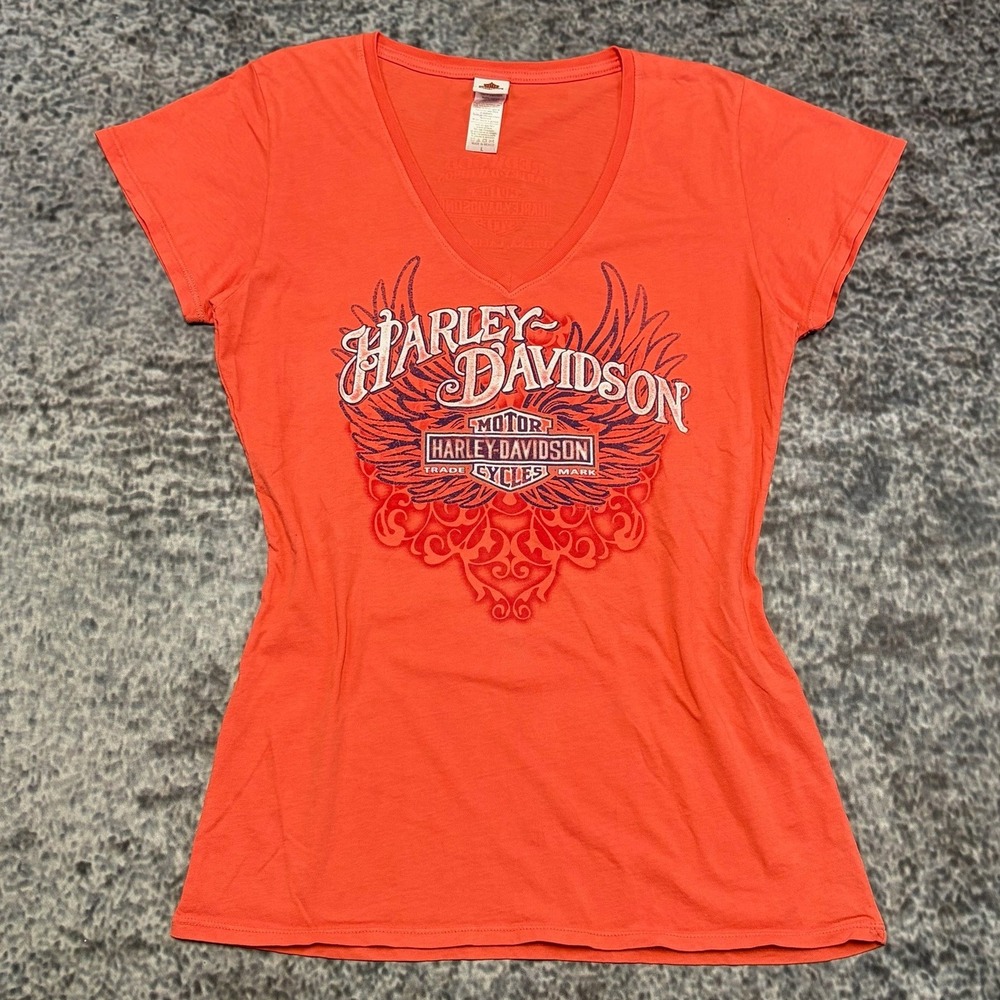 Harley Davidson Shirt Short Sleeve Size Large Orange Grunge Wings Biker Logo Y2K